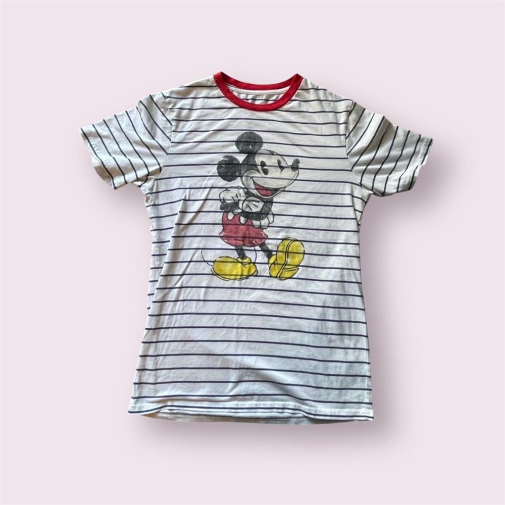 Disney White and Blue Striped Shirt with Red Accents